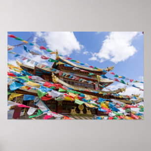 Poster Temple tibétain avec drapeaux de prière - Yunnan,