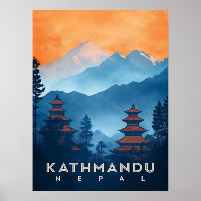Poster Temple vintage de Katmandou Népal (Devant)