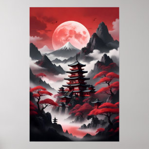 Poster Temples japonais dans les montagnes brumeuses