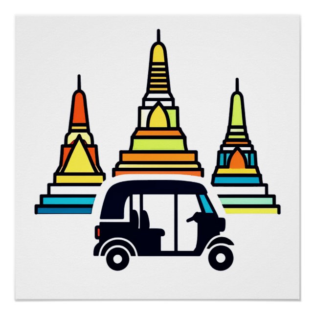Poster Temples thaïlandais et tuk tuks (Devant)
