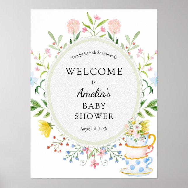 Poster Temps pour Fleur sauvage de Baby shower de thé (Devant)
