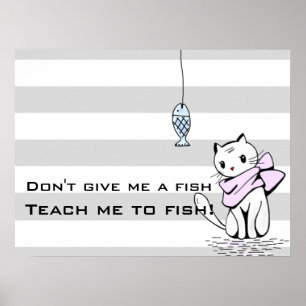 Poster Tempted White Cat & Fish