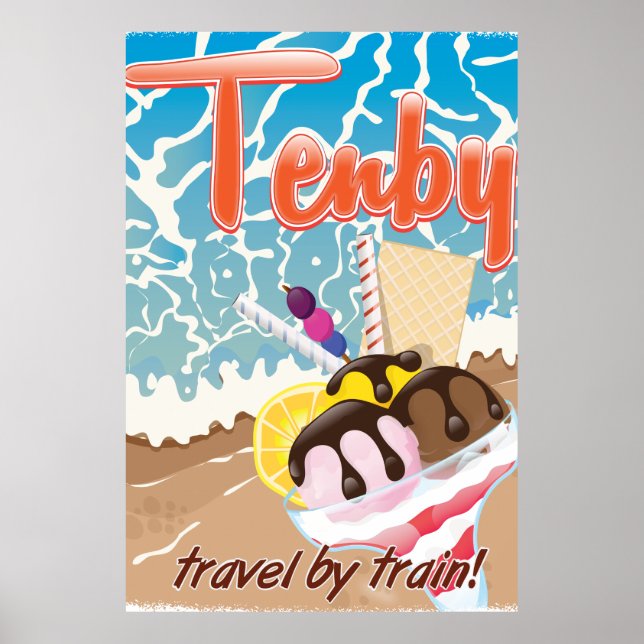 Poster Tenby Pembrokeshire dessin animé sur la crème glac (Devant)