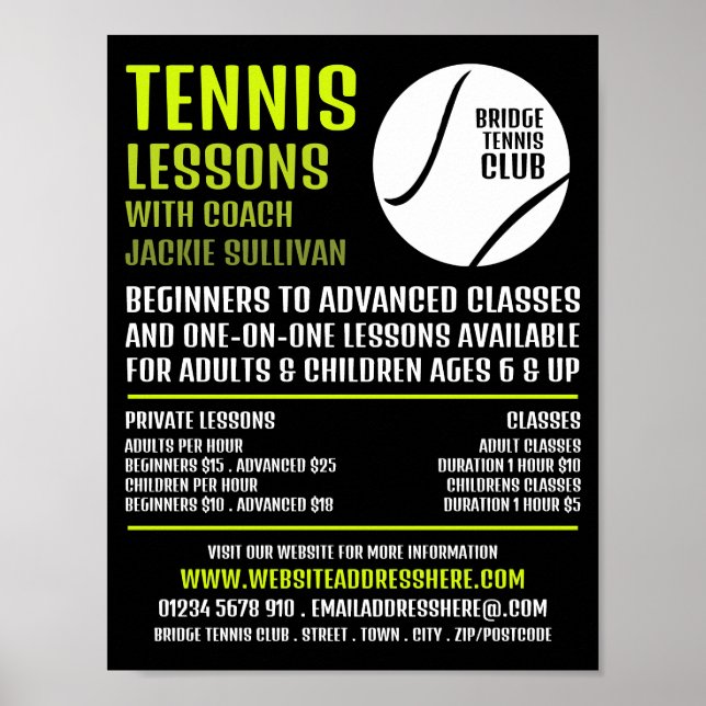 Poster Tennis Ball Design, Tennis Leçons/Classes Advert (Devant)