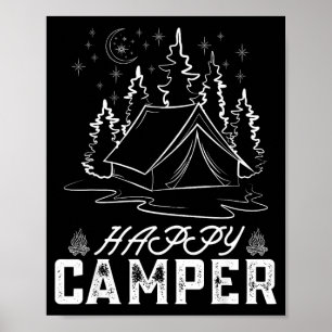 Poster Tente de campeur heureux rétro forêt de pins lune
