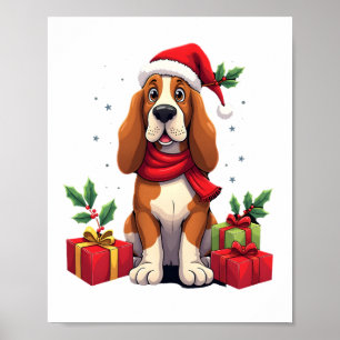Poster Tenues de Noël drôles de chien Basset Hound Chapea