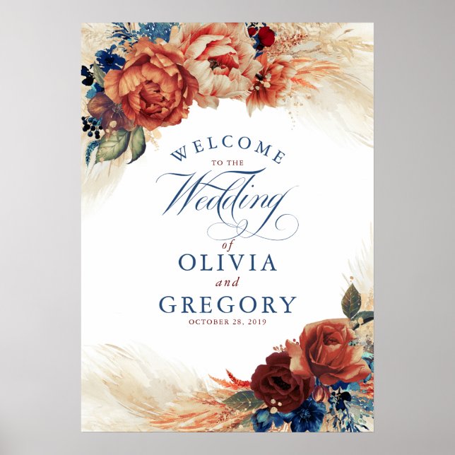 Poster Terracotta et Marine Blue Floral Mariage Bienvenue (Devant)