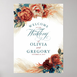 Poster Terracotta et Turquoise Blue Floral Mariage Accuei