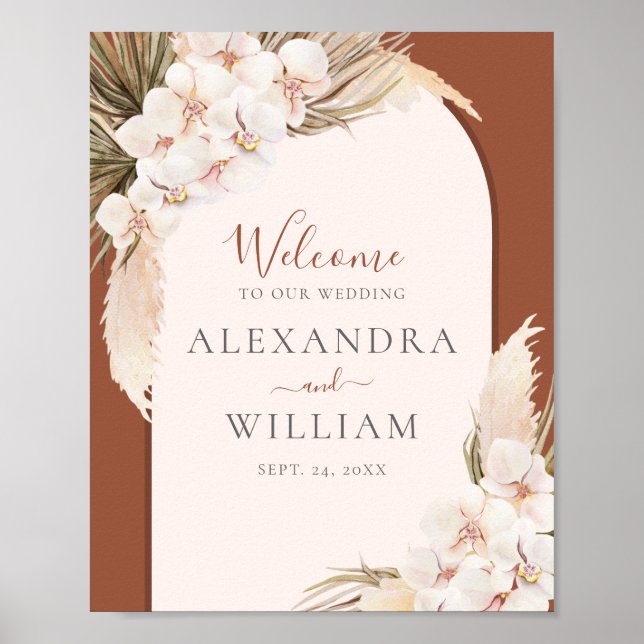 Poster Terracotta moderne Pampas Floral Mariage Accueil (Devant)