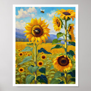 Poster Terrain de tournesol avec abeilles occupées Art 8x