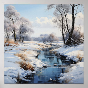 Poster Terrain d'hiver ensoleillé et ruisseau Pittoresque