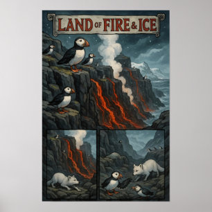 Poster Terre de feu et de glace - Puffins, Lave et Renard