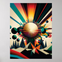 Terre futuriste et ligne Soleil Art Retro Wall Art