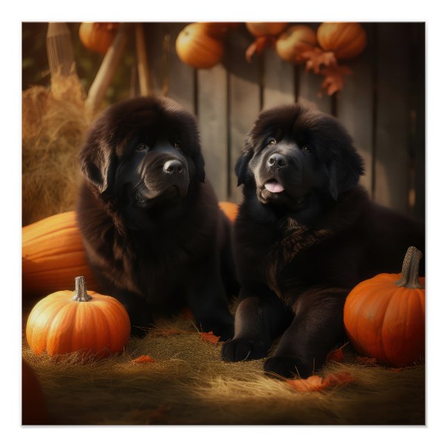 Poster Terre-Neuve Chiot Automne Citrouille de plaisir (Devant)