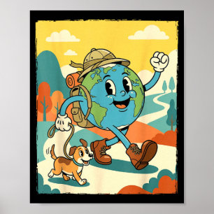 Poster Terre souriante randonnée avec chien rétro dessin