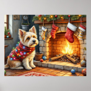 Poster Terrier Cairn assis devant une cheminée avec des l