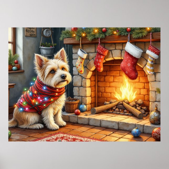 Poster Terrier Cairn assis devant une cheminée avec des l (Devant)