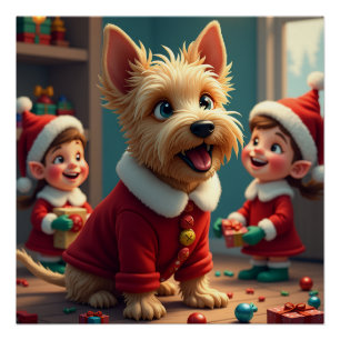 Poster Térrier écossais aidant les lutins du Père Noël à