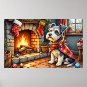Poster Terrier Tchèque Cheminée avec Lumières de Noël