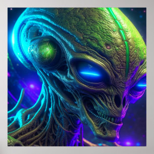 Poster Tête Alien déplaisante aux yeux bleus brillants