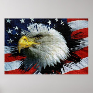 Poster Tête de Bald Eagle avec un drapeau américain derri
