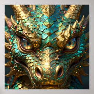 Poster Tête de dragon turquoise et or