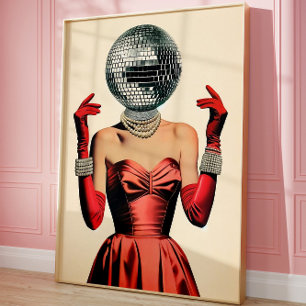 Poster Tête de femme en boule disco Art mural, Glam Party