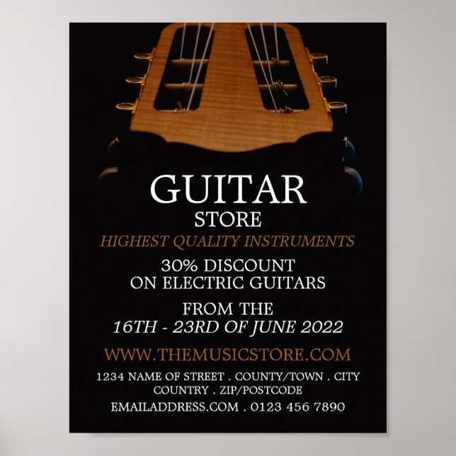 Poster Tête de guitare, magasin d'instruments de musique (Devant)