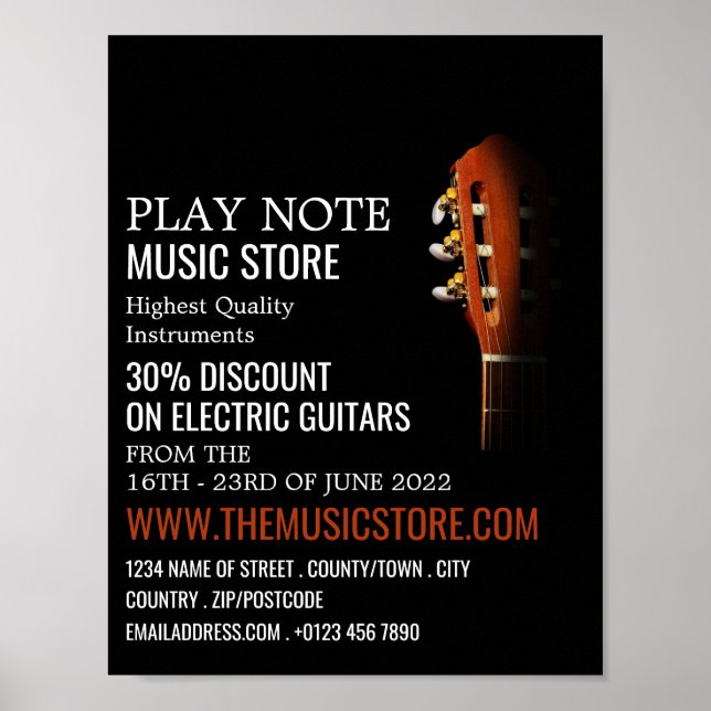 Poster Tête de guitare, magasin d'instruments de musique (Devant)