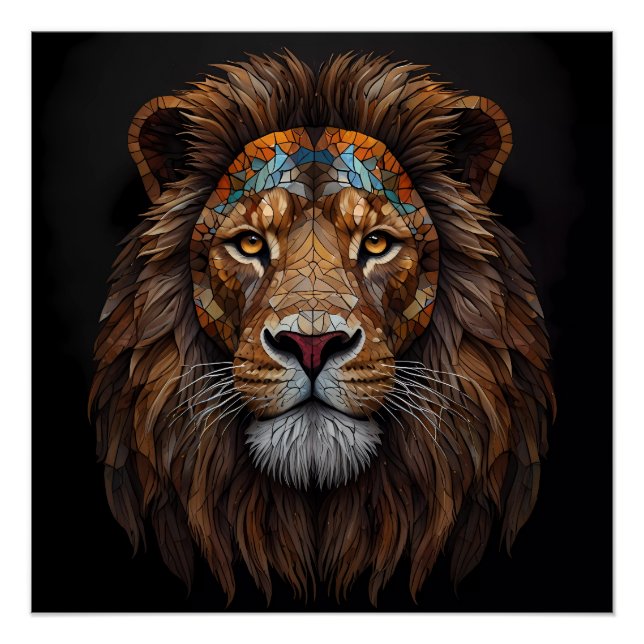 Poster Tête de lion en mosaïque majestueuse (Devant)