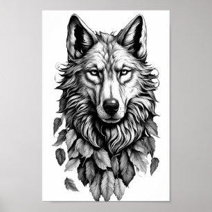 Poster tête de loup animal feuille dessin d'art original