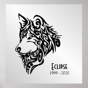 Poster Tête de loup noir avec nom et dates