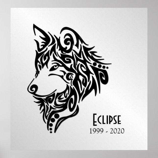 Poster Tête de loup noir avec nom et dates (Devant)