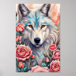 Poster tête de loup roses roses animal peinture