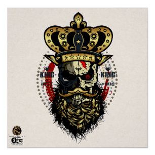 Poster Tête de mort hipster skulls barbu et moustachu 