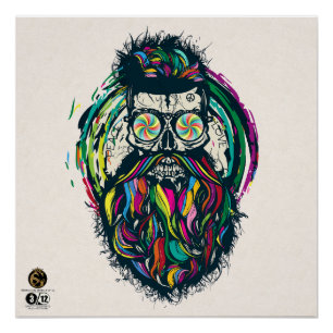 Poster Tête de mort hipster skulls barbu et moustachu, cr