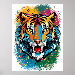 Poster Tête de tigre couleurs arc-en-ciel peinture taches