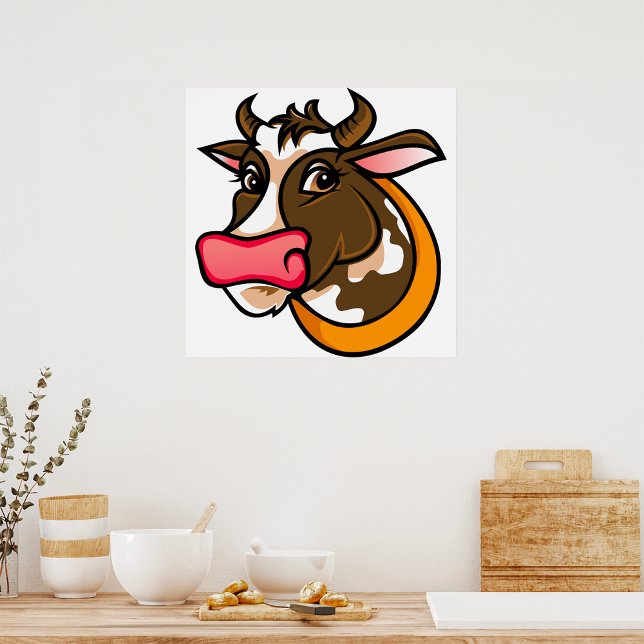 Poster Tête de vache Brown joueuse avec nez rose (Créateur téléchargé)