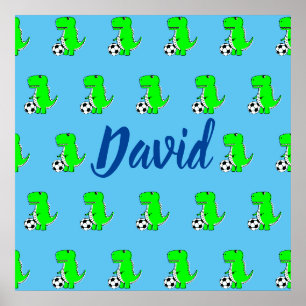 Poster Tête Vert Soccer Dino T-Rex Sur Bleu
