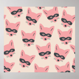 Poster Têtes Bandit Fox : Motif rose beige