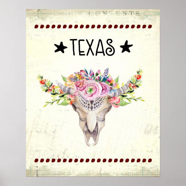 Poster Texas Boho Crâne de vache avec fleurs chic tendanc (Devant)