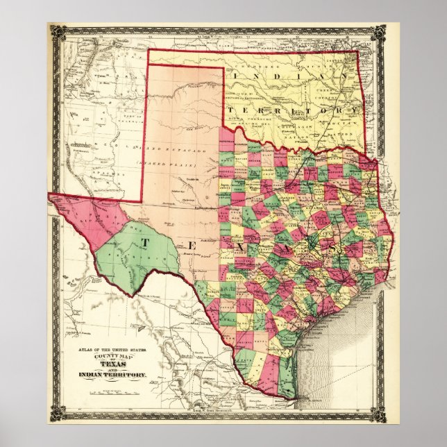 Poster Texas et territoire indienCarte panoramique (Devant)