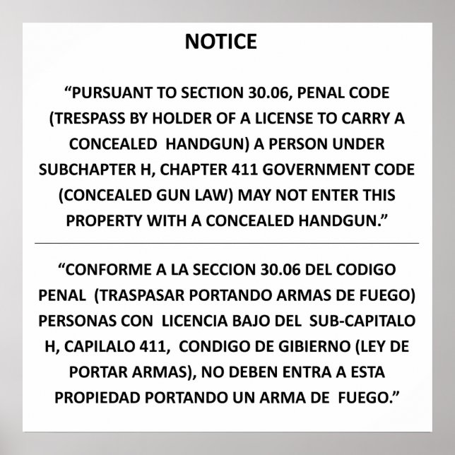 Poster Texas Gun Law - Blanc de base - Carry caché (Devant)