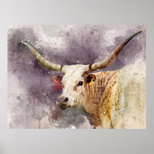 Poster Texas Longhorn Aquarelle photo Art fin Abstrait