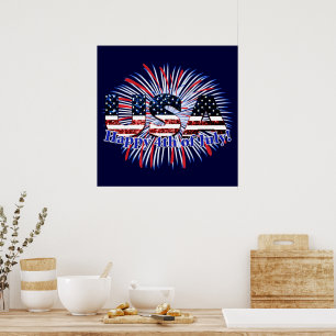 Poster Texte de drapeau américain scintillant feux d'arti