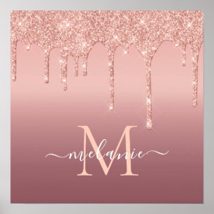 Poster Texte de nom de monogramme Rose Gold Blush Paillet
