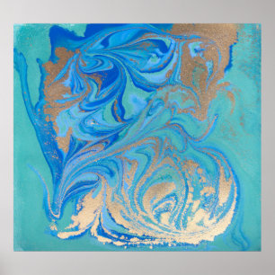 Poster Texture liquide bleue et dorée