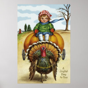 Poster Thanksgiving Turquie garçon équitation Citrouille
