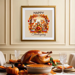 Poster Thanksgiving Woodland Animaux Feuilles d'automne