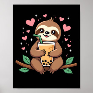 Poster Thé au lait bulles Boba Paresseux Mignon Kawaii Fe